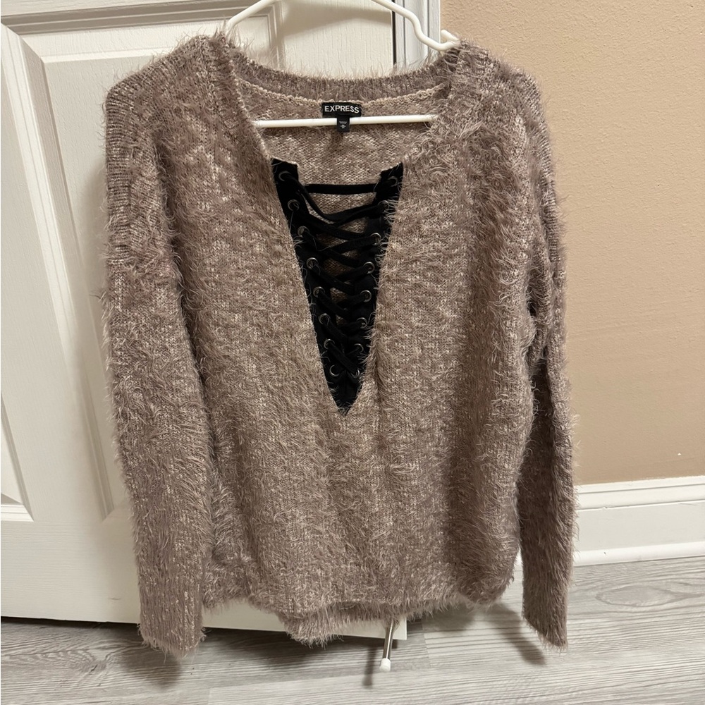 Express Fuzzy light purple/pink Sweater with Black Lace-Up Detail